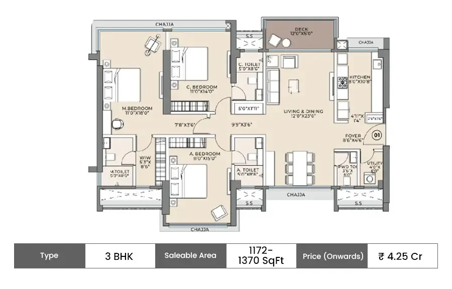 Arkade Ascend 3 BHK floor plan, 1172 sq ft carpet area